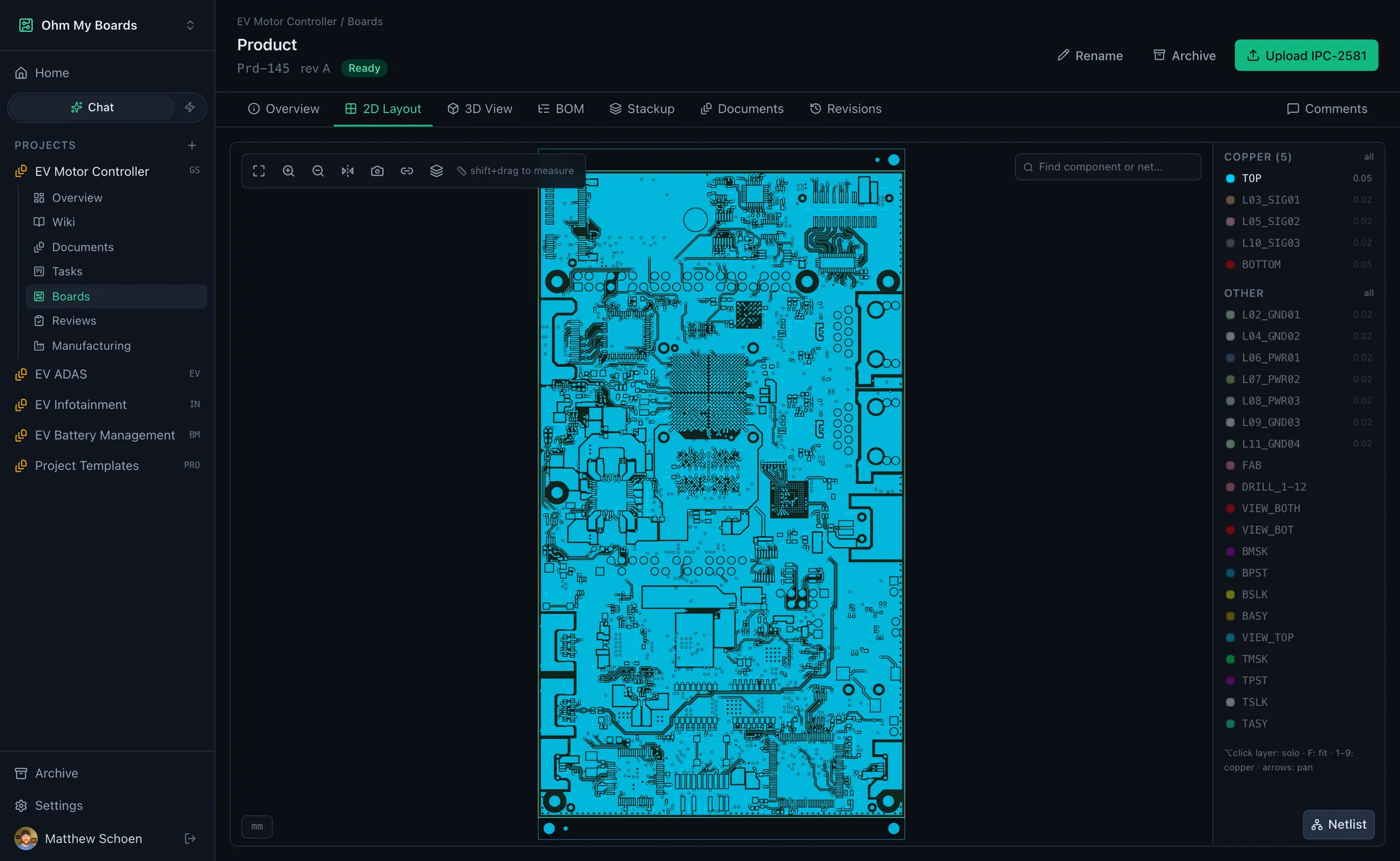 Riparian 2D layout viewer showing a 30-layer board with per-layer copper controls and component search