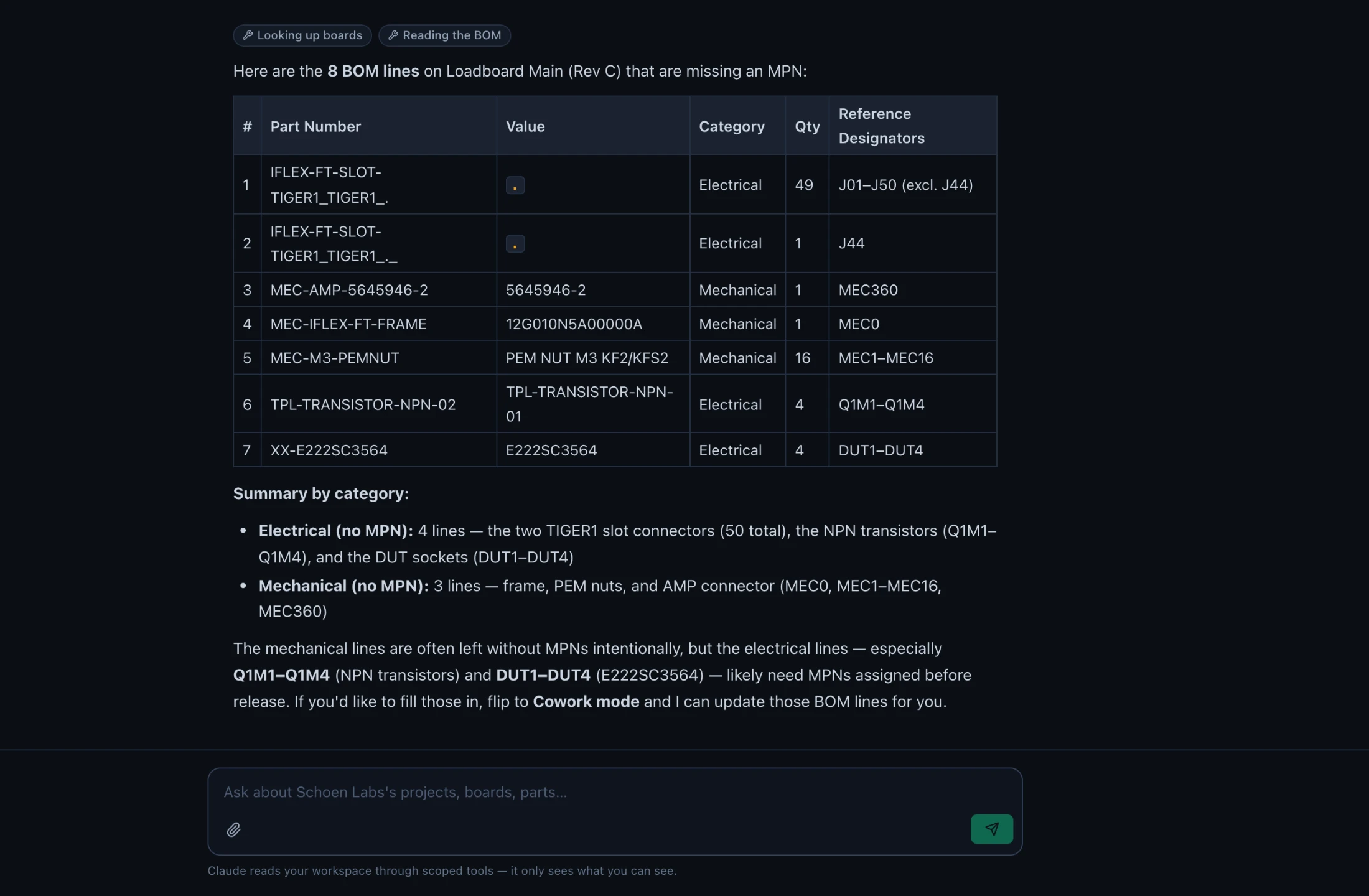 Riparian AI listing the BOM lines missing an MPN in a table, summarizing by category, and offering to fill them in via Cowork mode