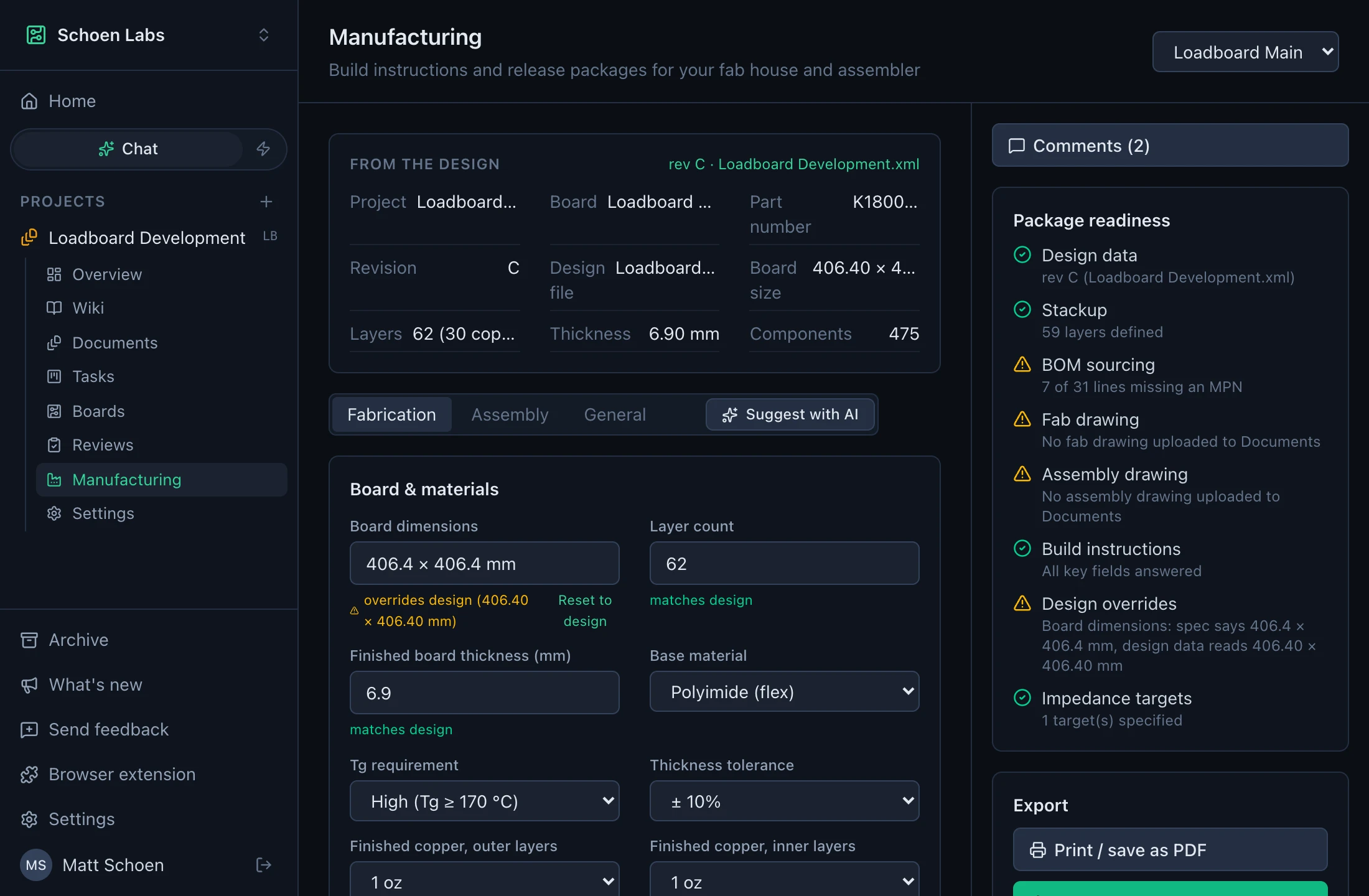 Riparian manufacturing page with build instructions cross-checked against the design file and a package-readiness checklist flagging missing fab drawings